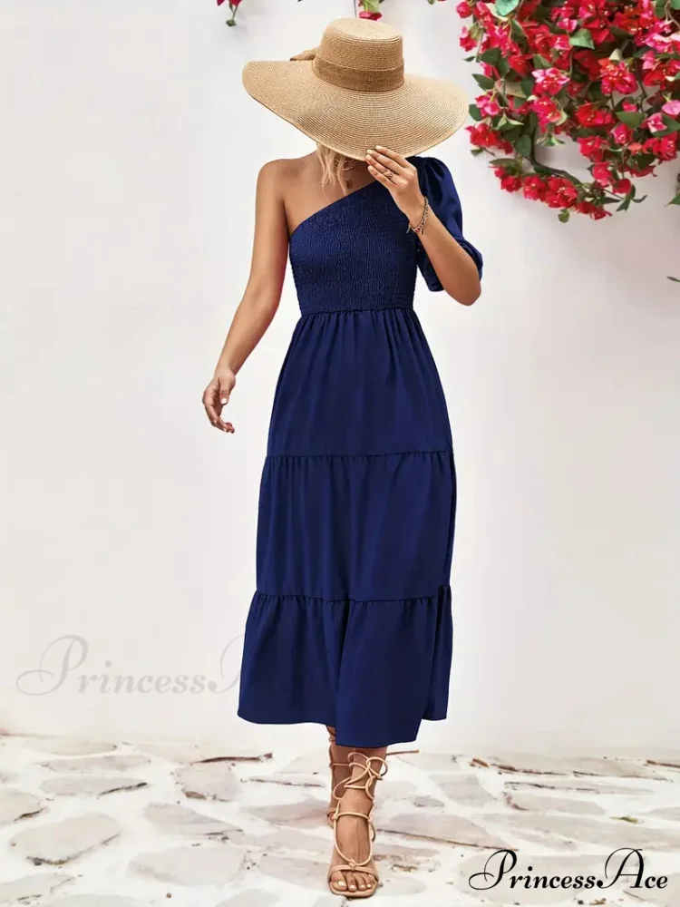 Pink One Shoulder Maxi Dress with Short Sleeve and Smocked Ruffles - Image 2
