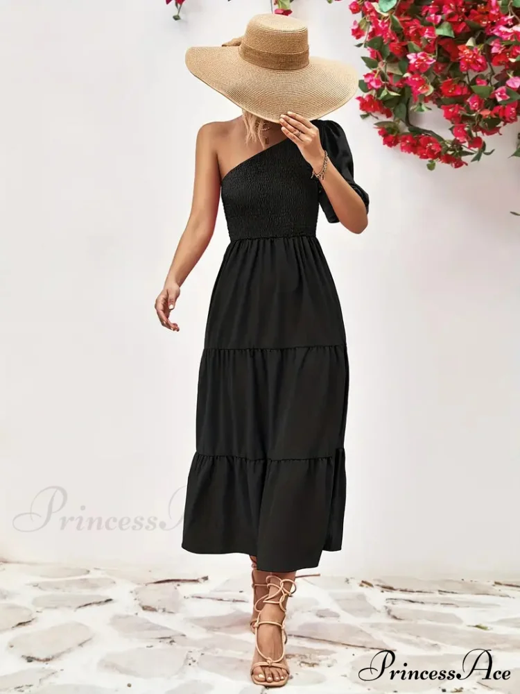 Pink One Shoulder Maxi Dress with Short Sleeve and Smocked Ruffles - Image 3