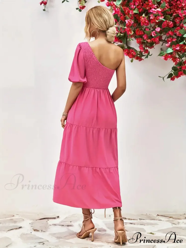 Pink One Shoulder Maxi Dress with Short Sleeve and Smocked Ruffles - Image 5