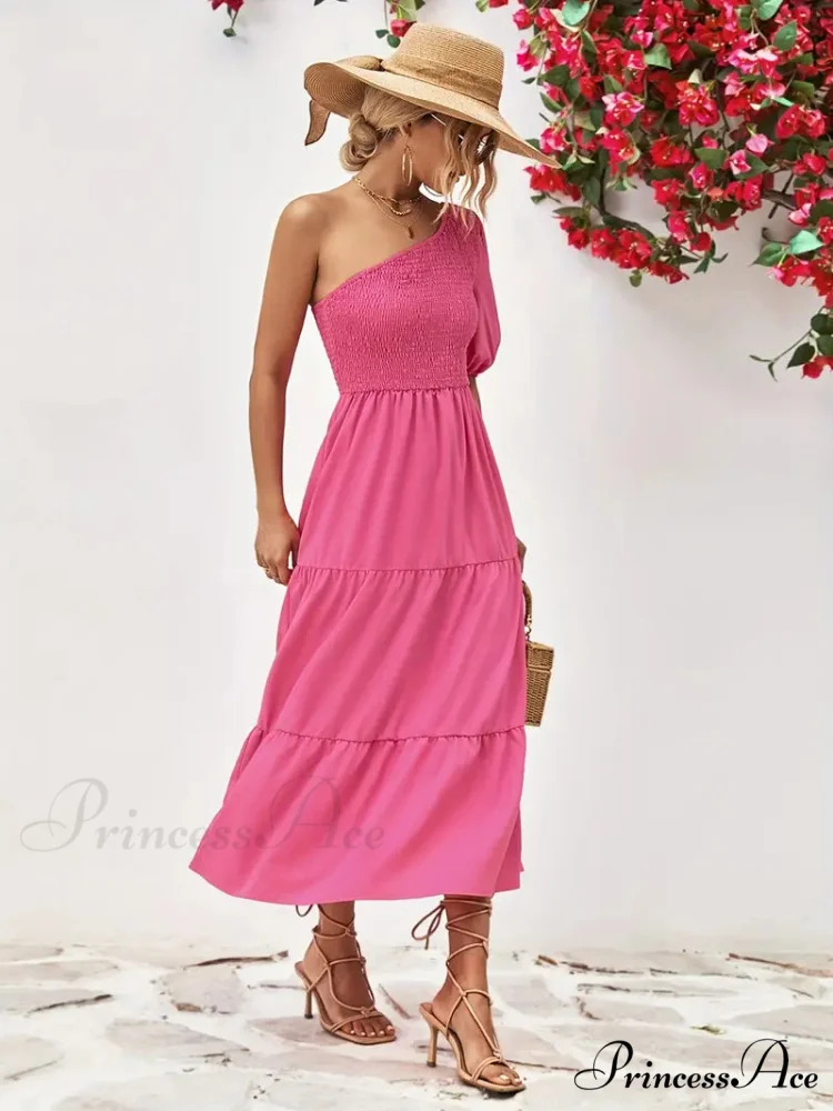 Pink One Shoulder Maxi Dress with Short Sleeve and Smocked Ruffles - Image 6