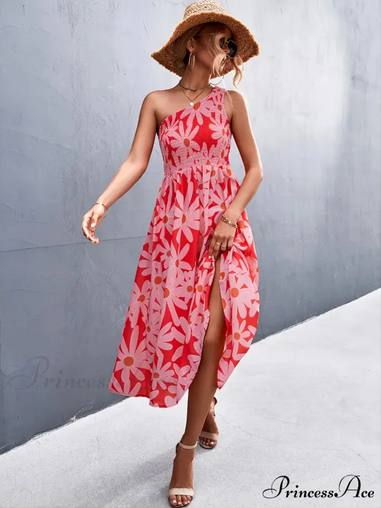 Floral Print Smocked Maxi Dress with One Shoulder - Image 2