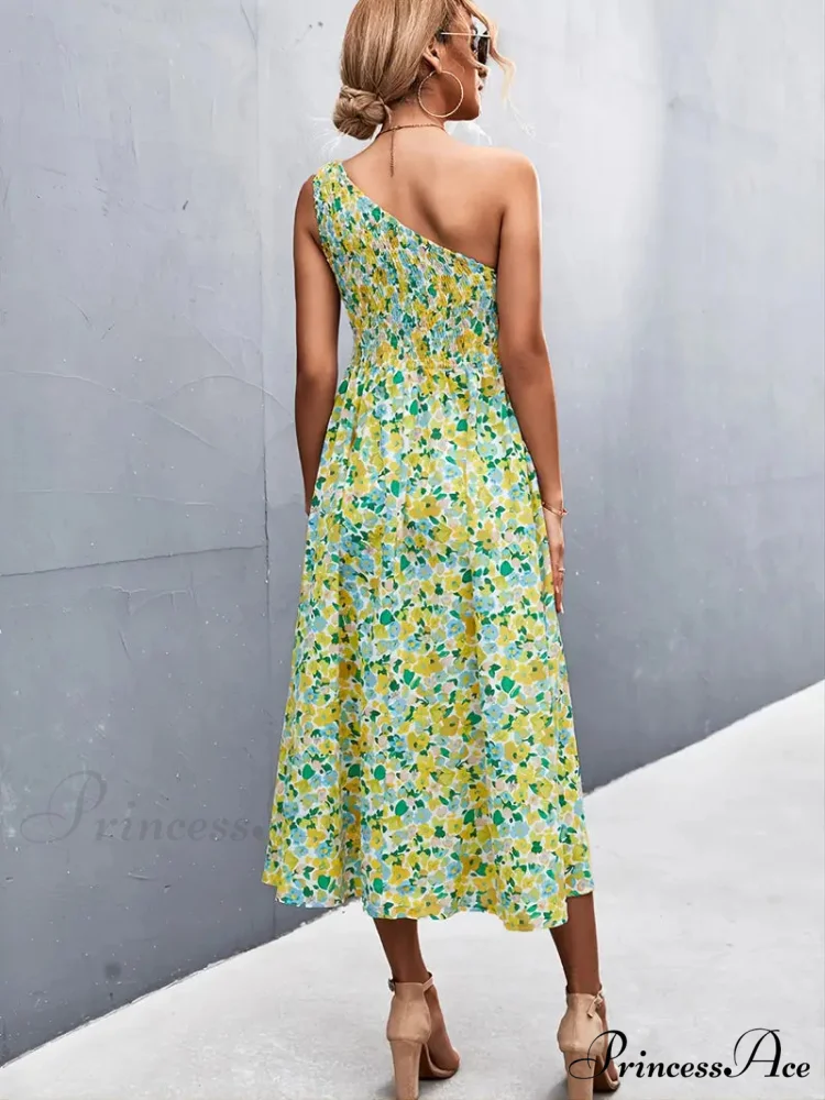 Floral Print Smocked Maxi Dress with One Shoulder - Image 3