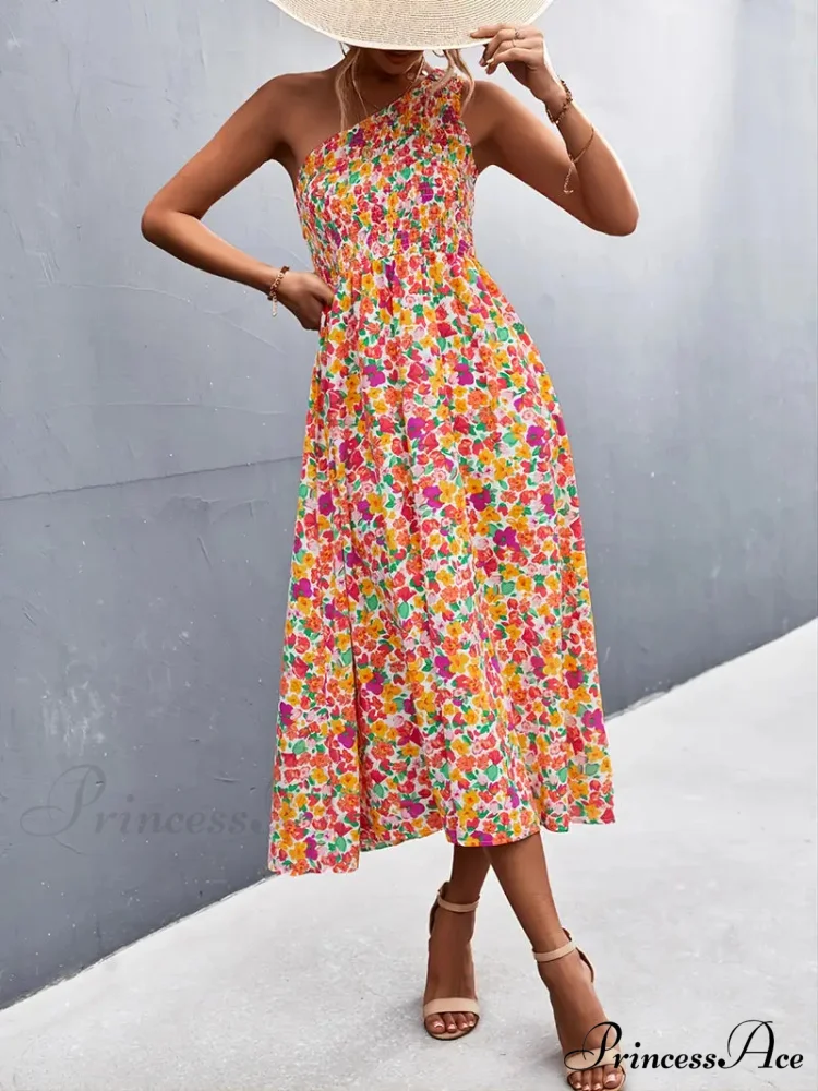 Floral Print Smocked Maxi Dress with One Shoulder - Image 4
