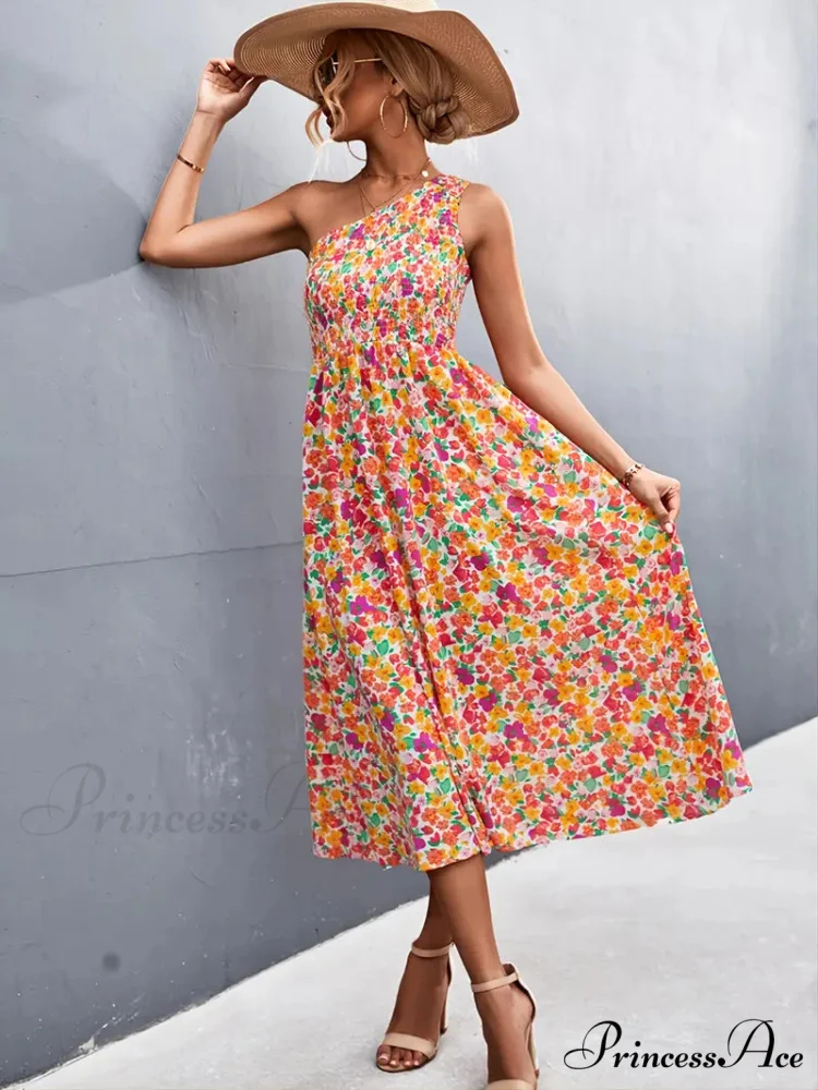 Floral Print Smocked Maxi Dress with One Shoulder - Image 5