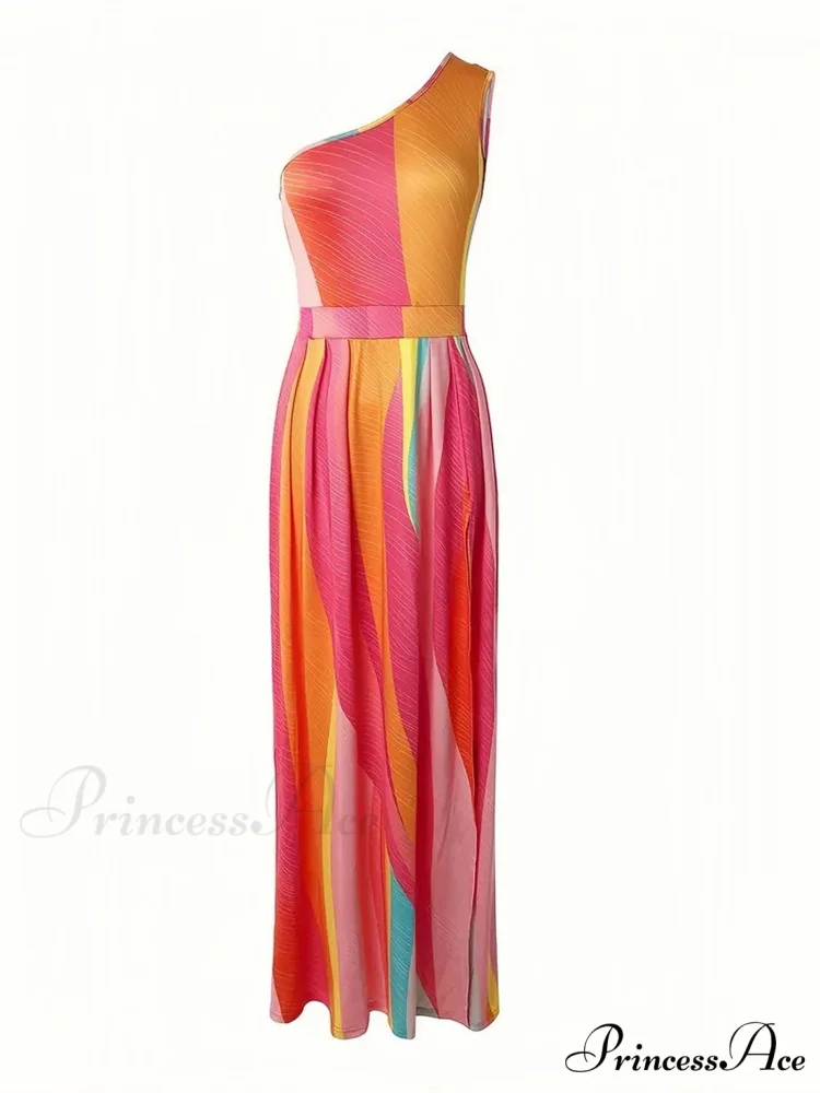 Rainbow High Slit Maxi Dress with One Shoulder - Image 2