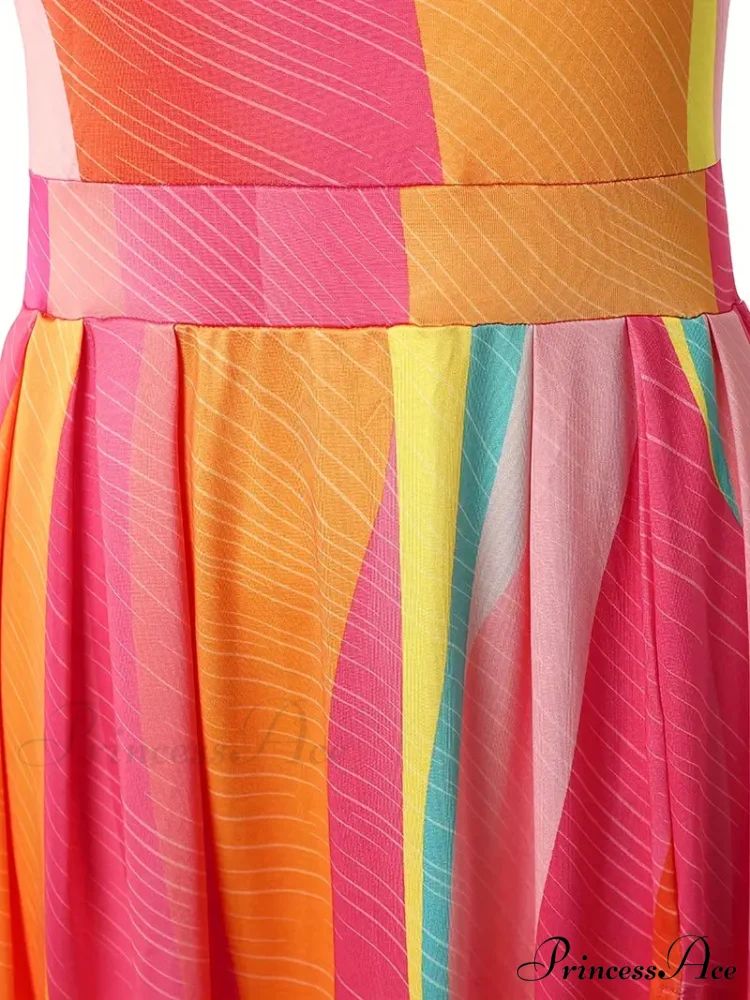 Rainbow High Slit Maxi Dress with One Shoulder - Image 3