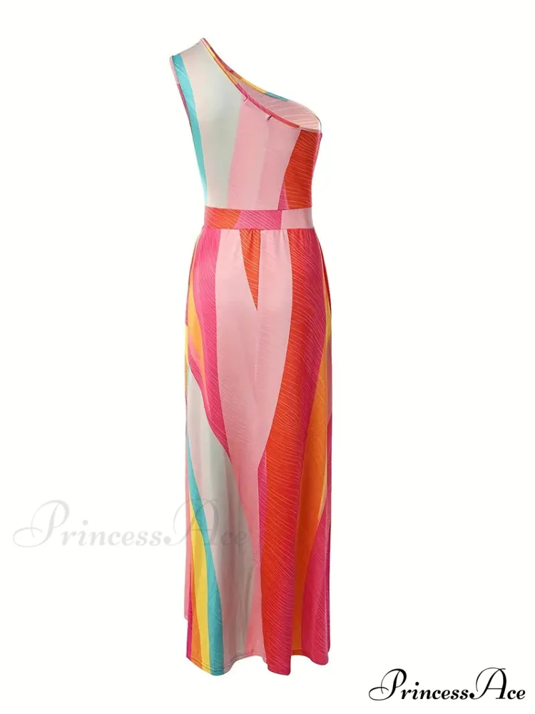 Rainbow High Slit Maxi Dress with One Shoulder - Image 4