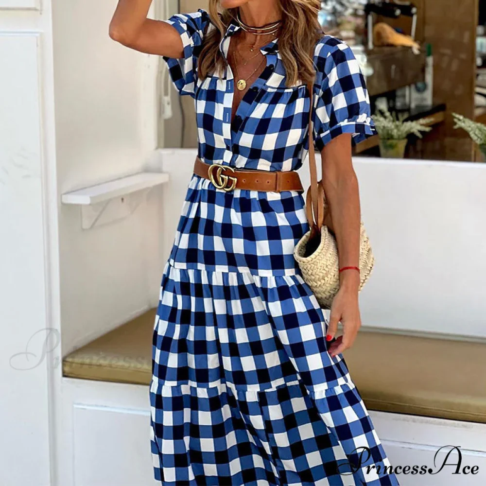 Blue Short Sleeve Button Dress - Image 3