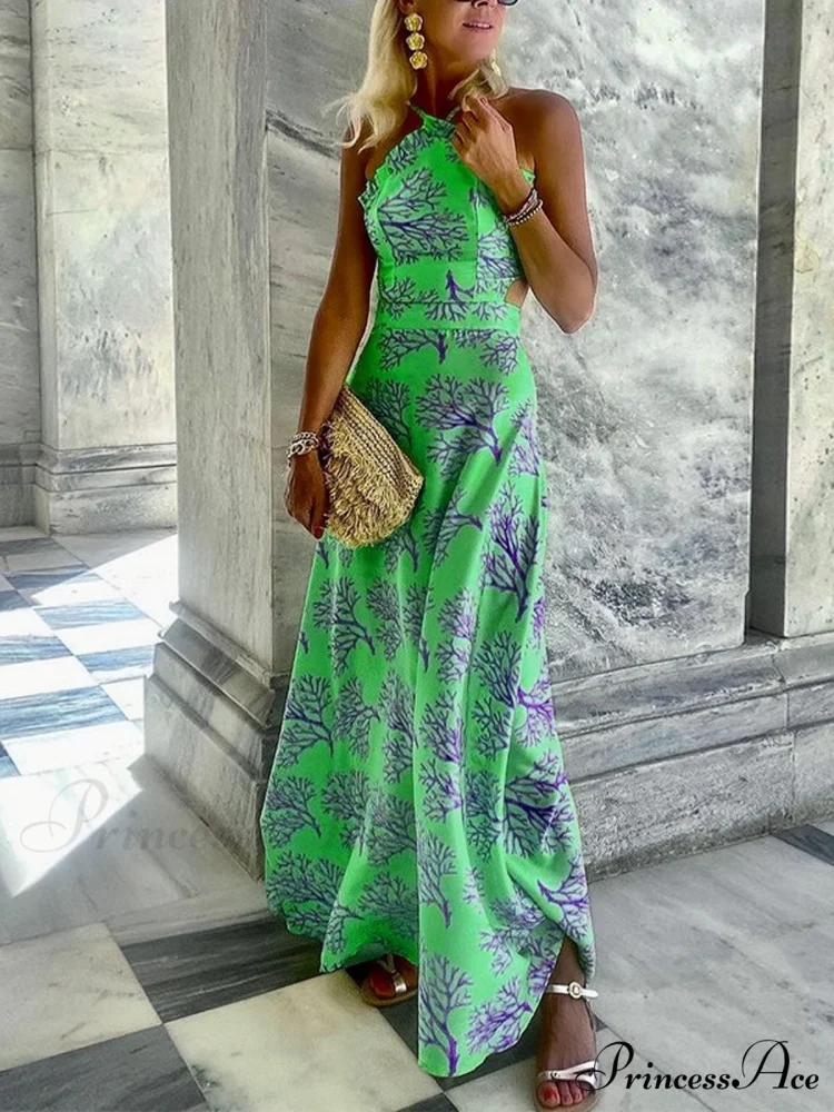 Yellow Printed Halter Backless Dress - Image 2