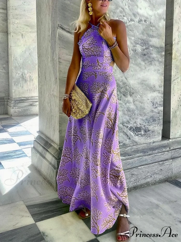 Yellow Printed Halter Backless Dress - Image 3