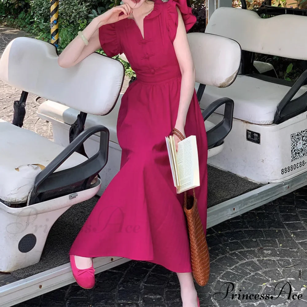 Raspberry Red Summer Dress with Flying Sleeves and Doll Collar - Image 2