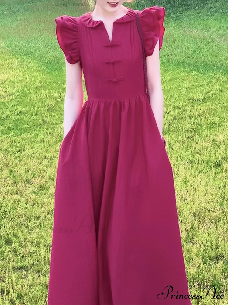 Raspberry Red Summer Dress with Flying Sleeves and Doll Collar - Image 3