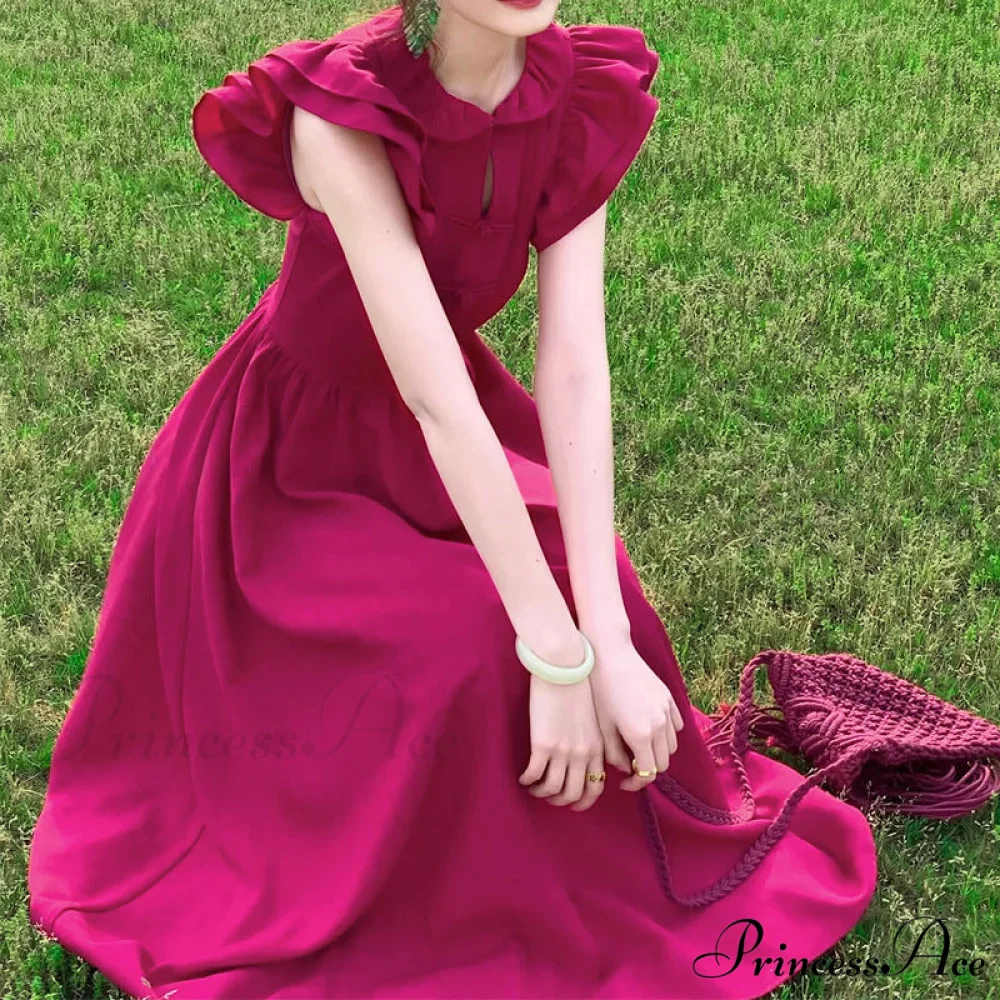 Raspberry Red Summer Dress with Flying Sleeves and Doll Collar - Image 4