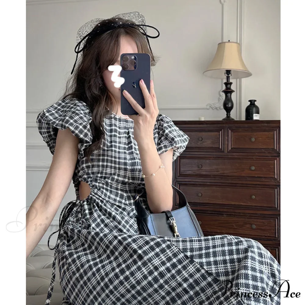Plaid Puff Sleeve Dress with Hollow Out Design - Image 2