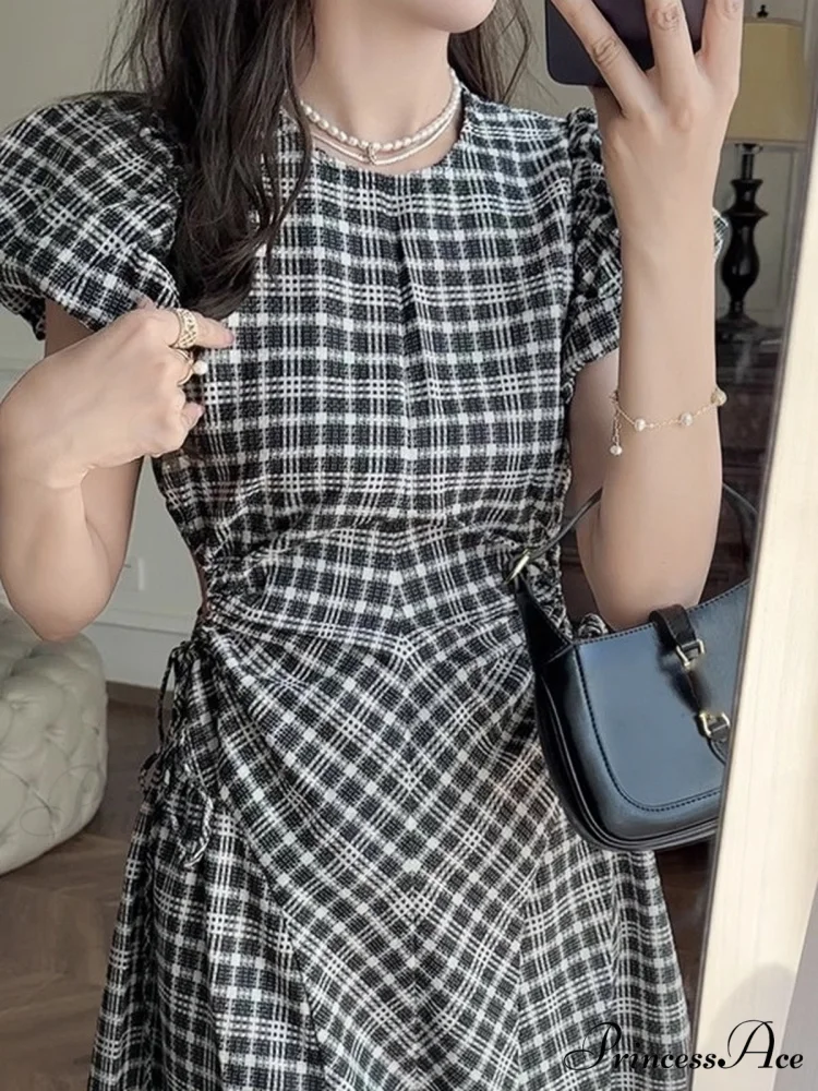 Plaid Puff Sleeve Dress with Hollow Out Design - Image 3
