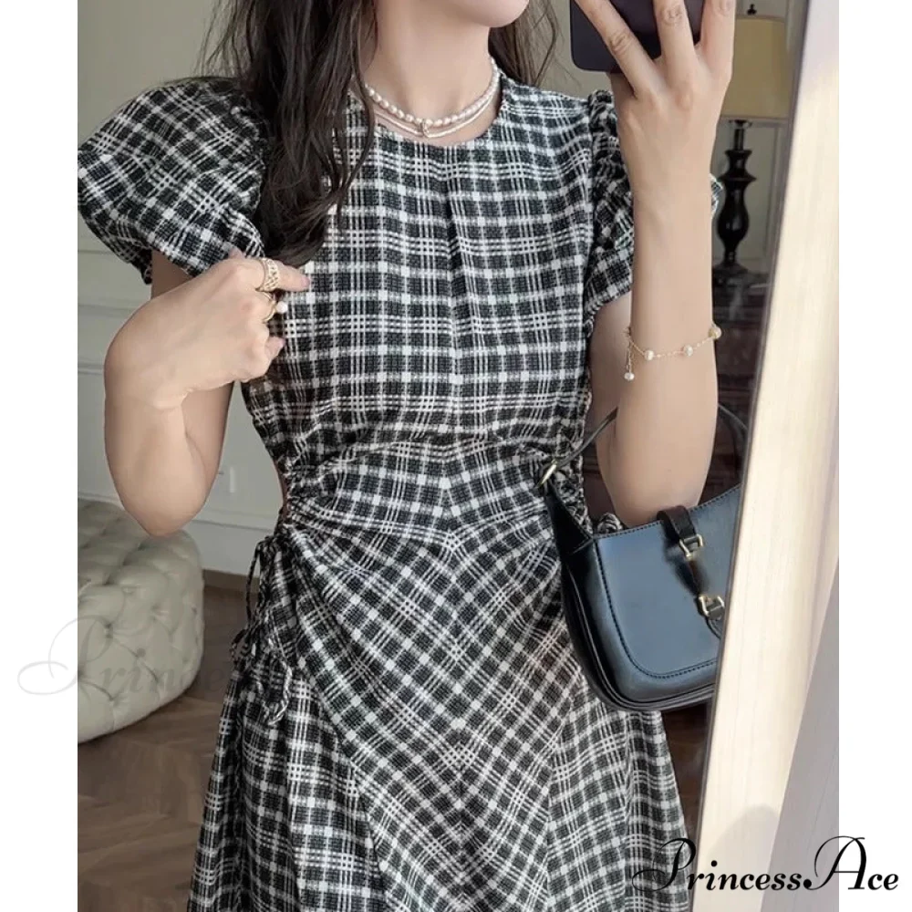 Plaid Puff Sleeve Dress with Hollow Out Design - Image 4