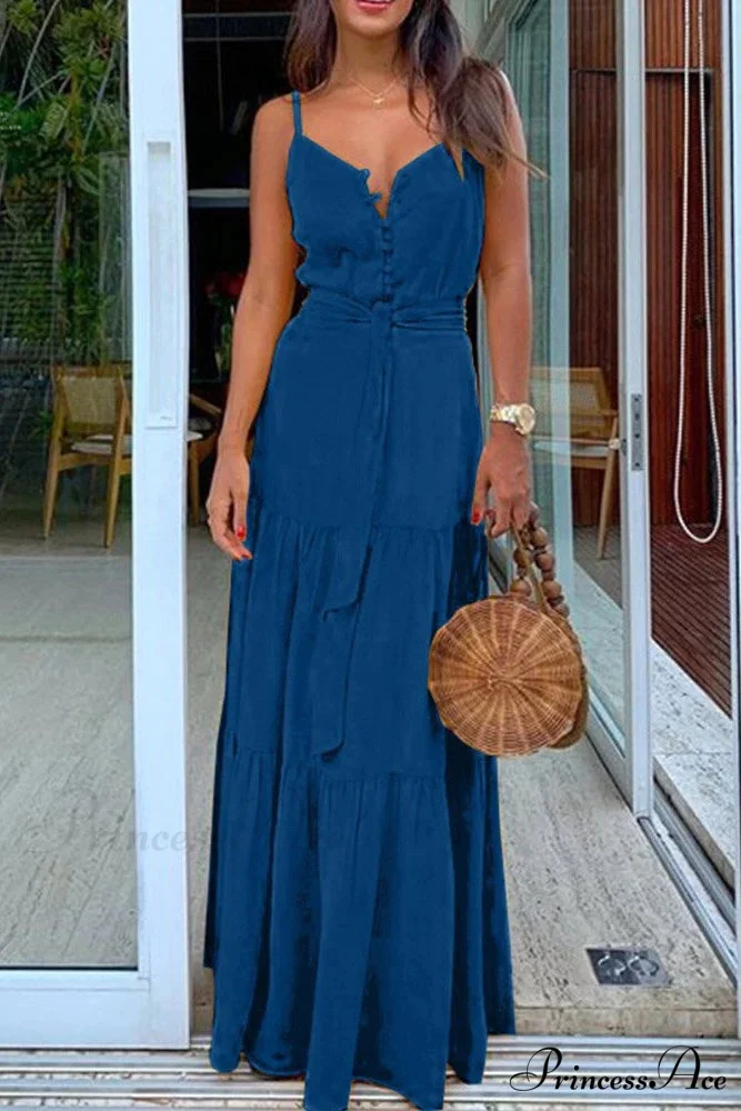 Spaghetti Strap Button Bandage Maxi Dress - Image 2