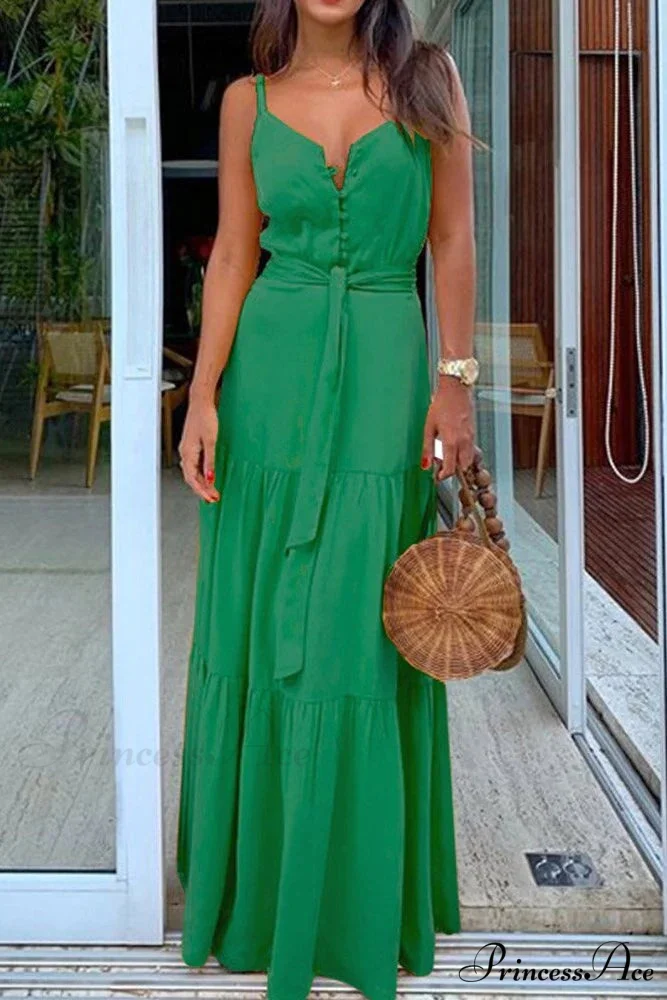 Spaghetti Strap Button Bandage Maxi Dress - Image 3
