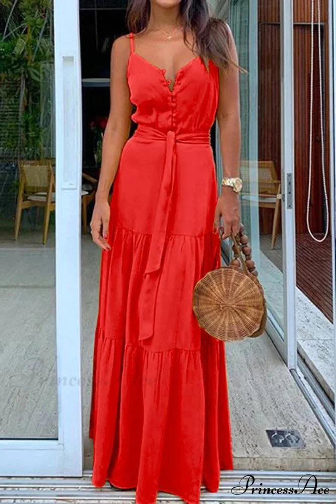 Spaghetti Strap Button Bandage Maxi Dress - Image 4