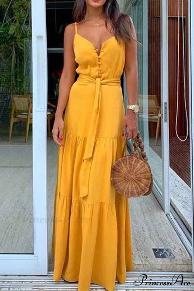 Spaghetti Strap Button Bandage Maxi Dress - Image 6