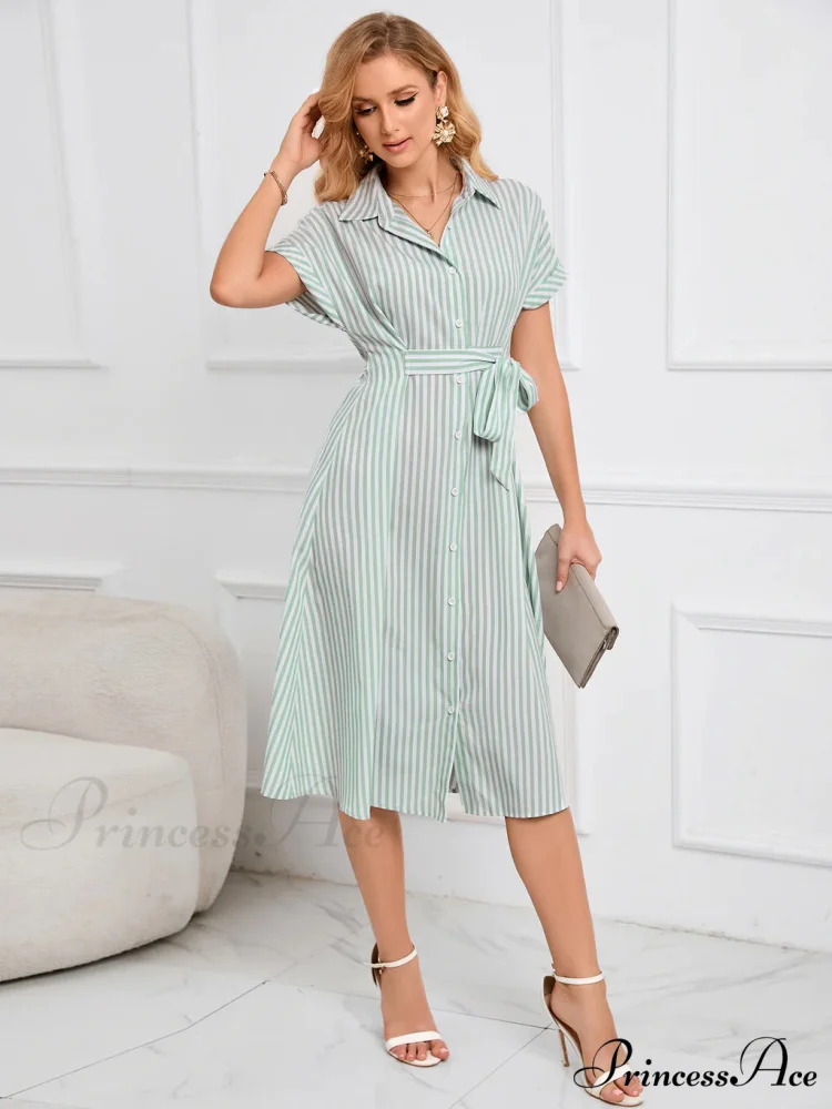 Striped Dress with Belt - Lapel V-Neck - Image 2
