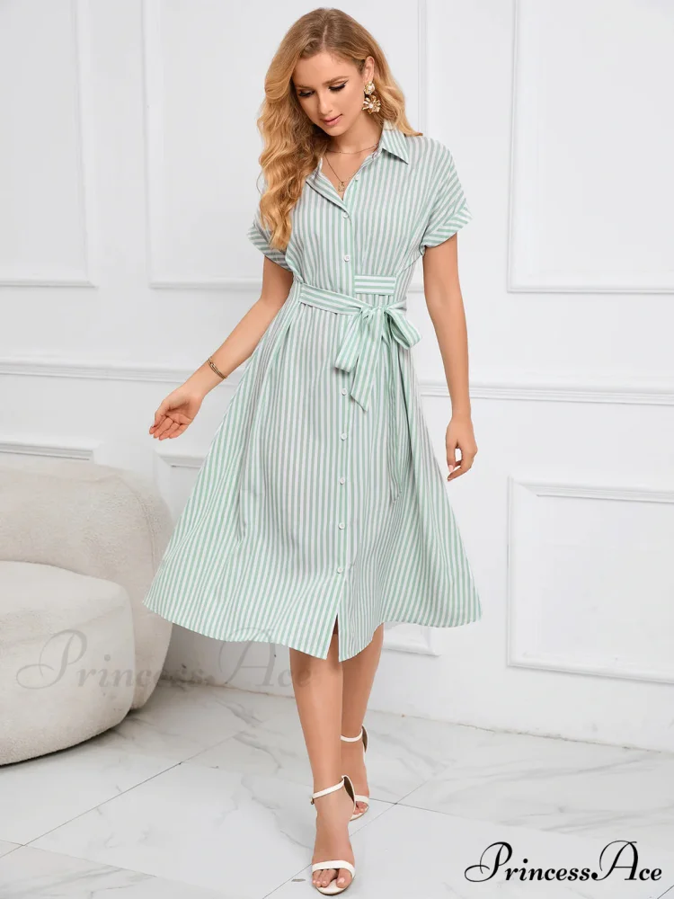 Striped Dress with Belt - Lapel V-Neck - Image 3