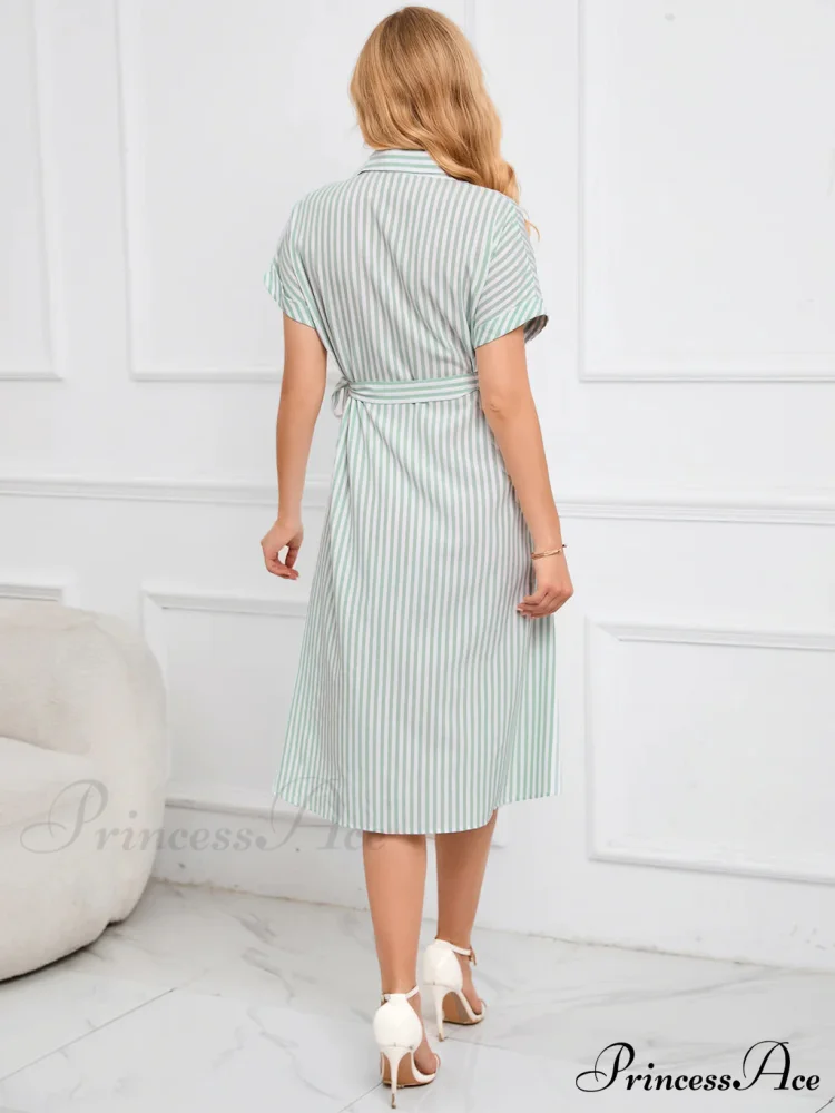 Striped Dress with Belt - Lapel V-Neck - Image 4