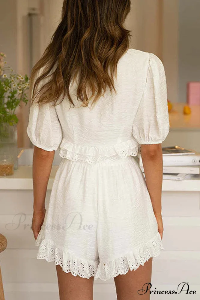 White Lace Crochet Short Sleeve Dress Set - Image 2