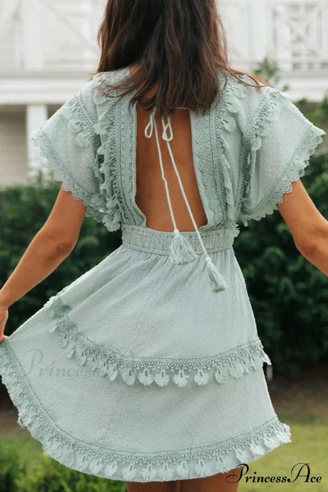 Green Lace Batwing Sleeve Backless Dress for Summer Casual Wear - Image 2