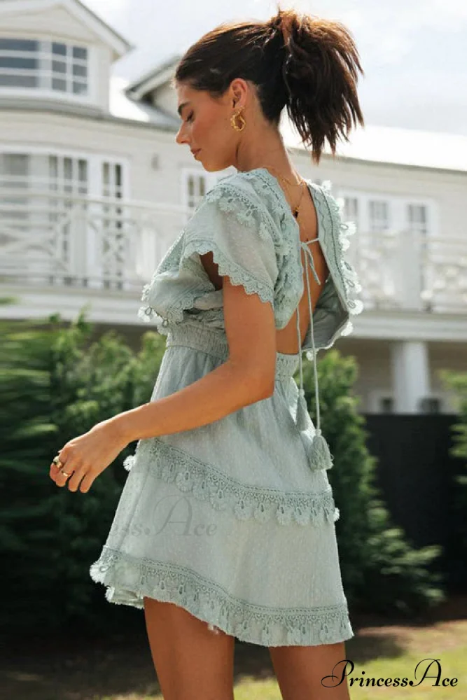 Green Lace Batwing Sleeve Backless Dress for Summer Casual Wear - Image 4
