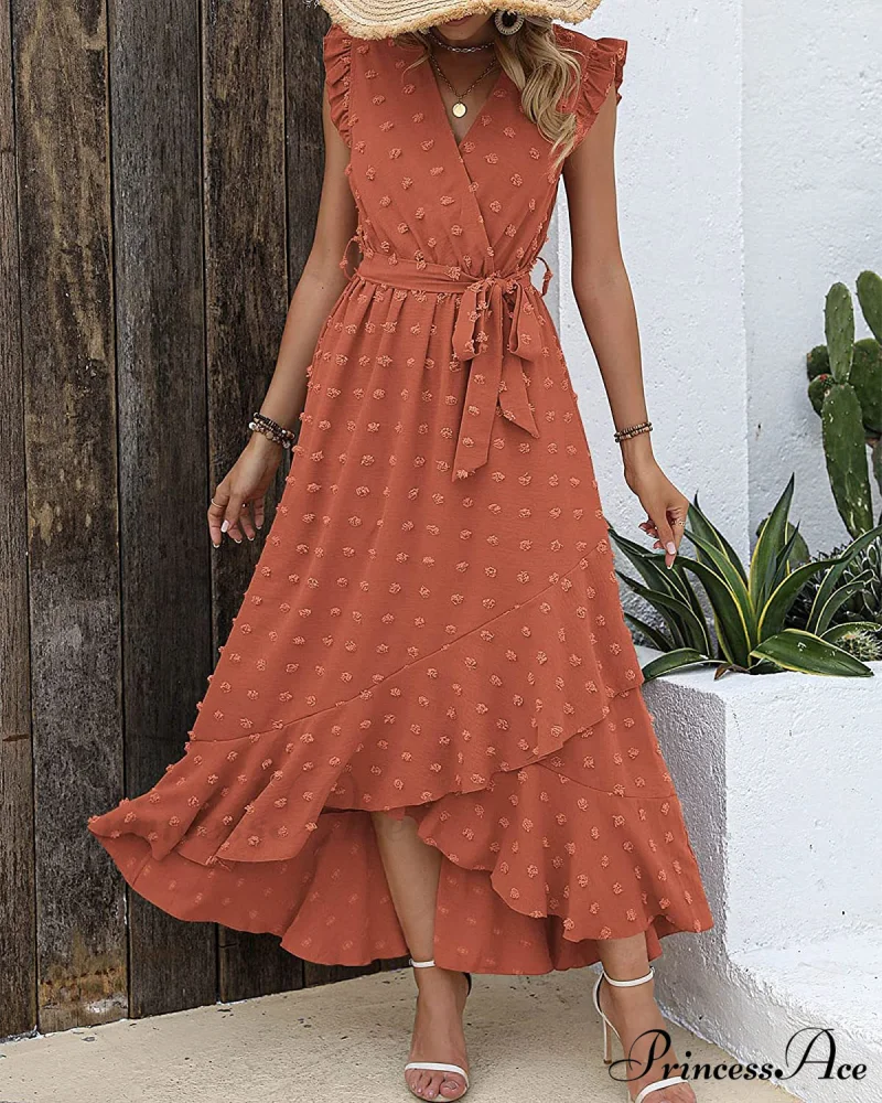 Swiss Dot Cap Sleeve Knot Front Dress in Yellow - Image 3