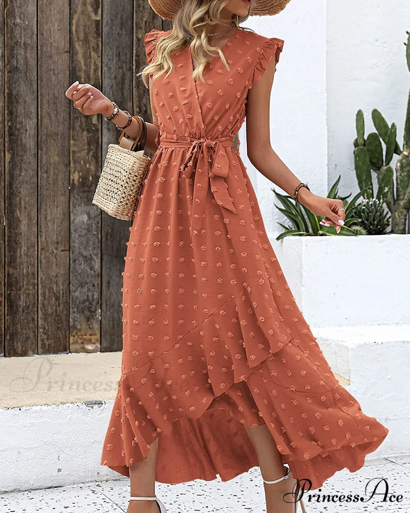 Swiss Dot Cap Sleeve Knot Front Dress in Yellow - Image 4