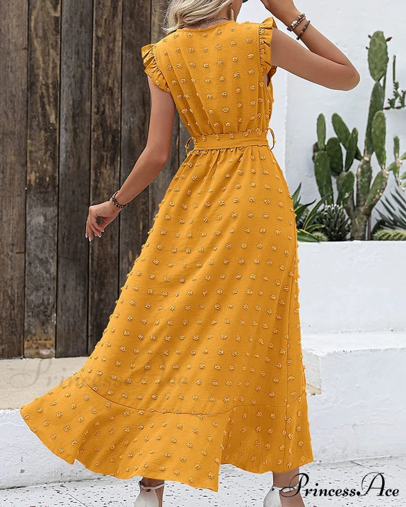 Swiss Dot Cap Sleeve Knot Front Dress in Yellow - Image 8