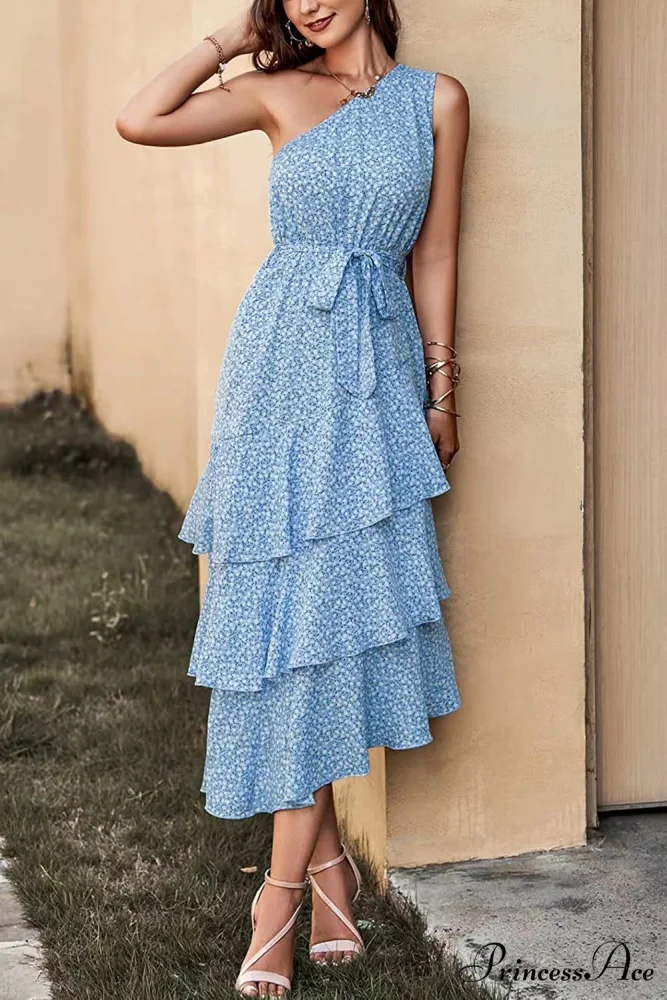 Green One Shoulder Ruffle Trim Dress with Print - Image 2