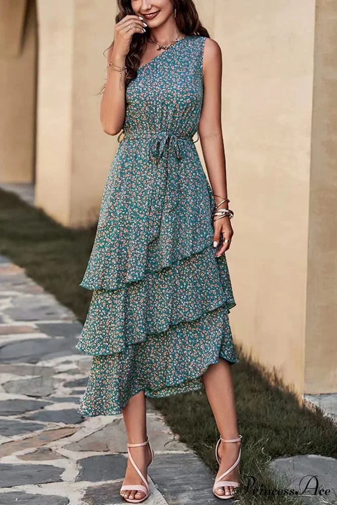 Green One Shoulder Ruffle Trim Dress with Print - Image 3