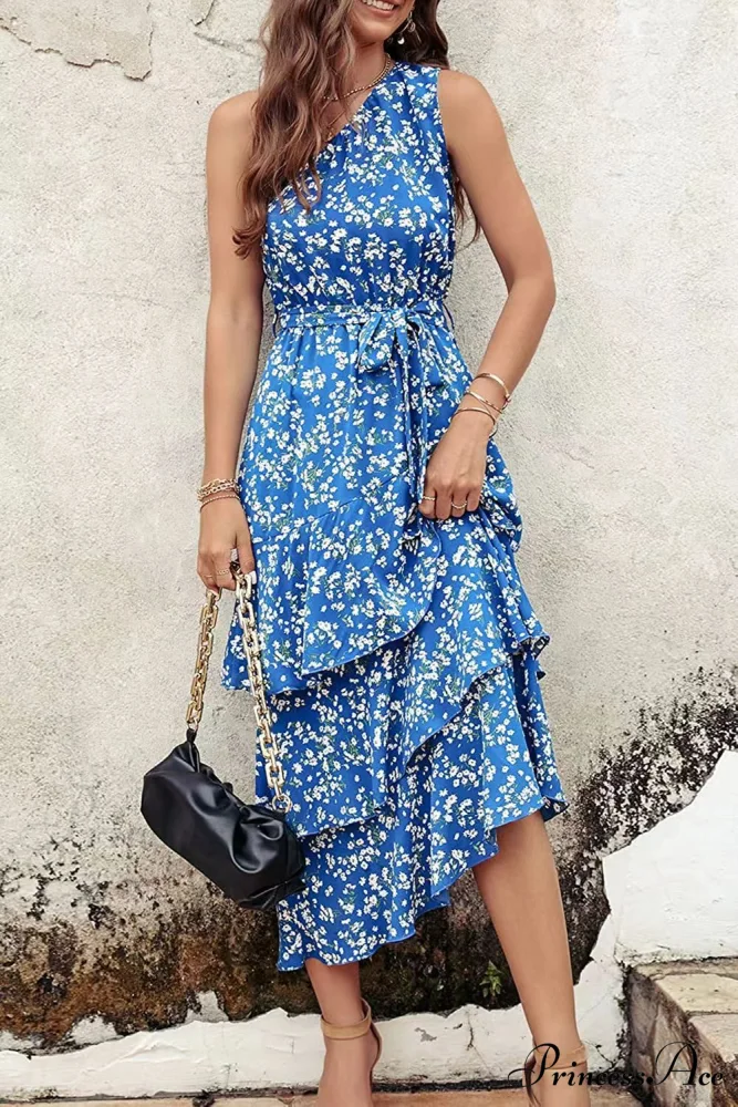 Green One Shoulder Ruffle Trim Dress with Print - Image 4