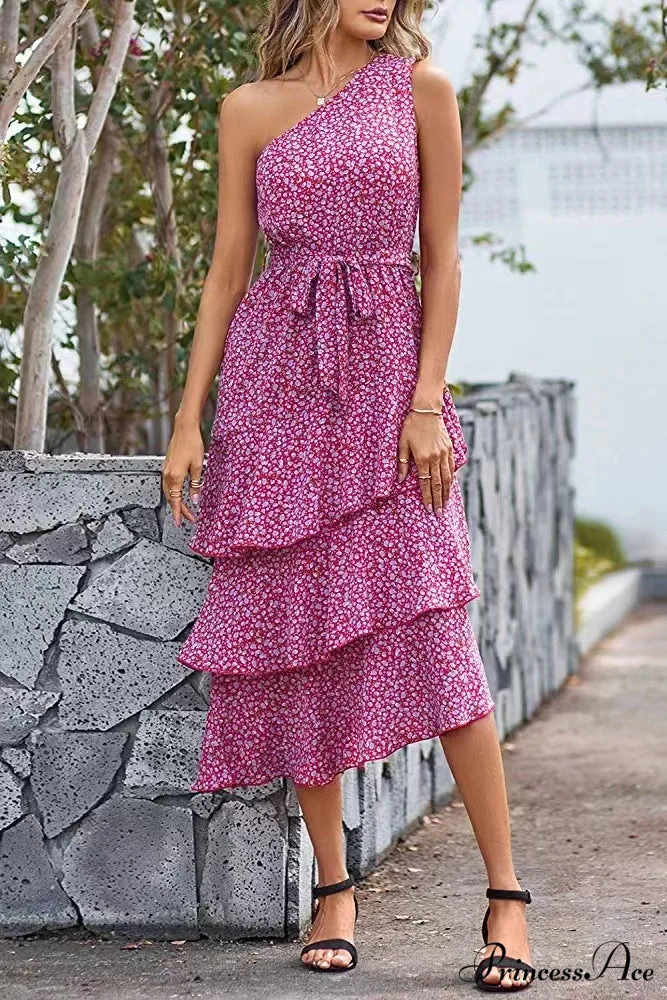 Green One Shoulder Ruffle Trim Dress with Print - Image 5