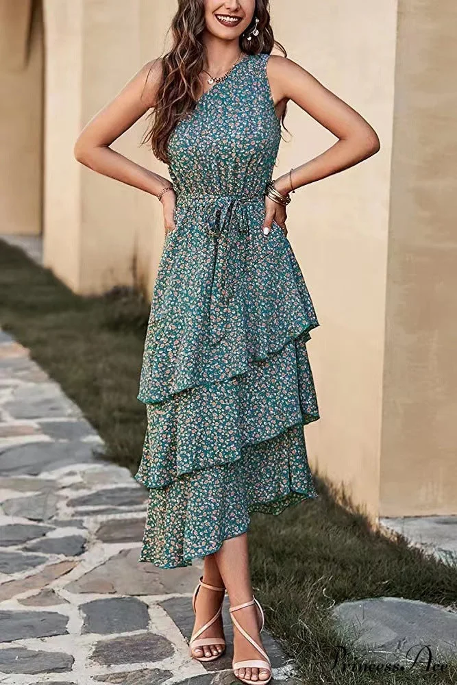 Green One Shoulder Ruffle Trim Dress with Print - Image 6