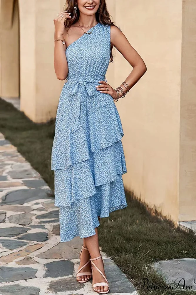 Green One Shoulder Ruffle Trim Dress with Print - Image 7