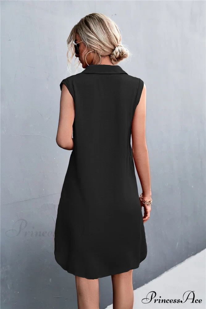 Sleeveless Black Half Button Dress - Image 2