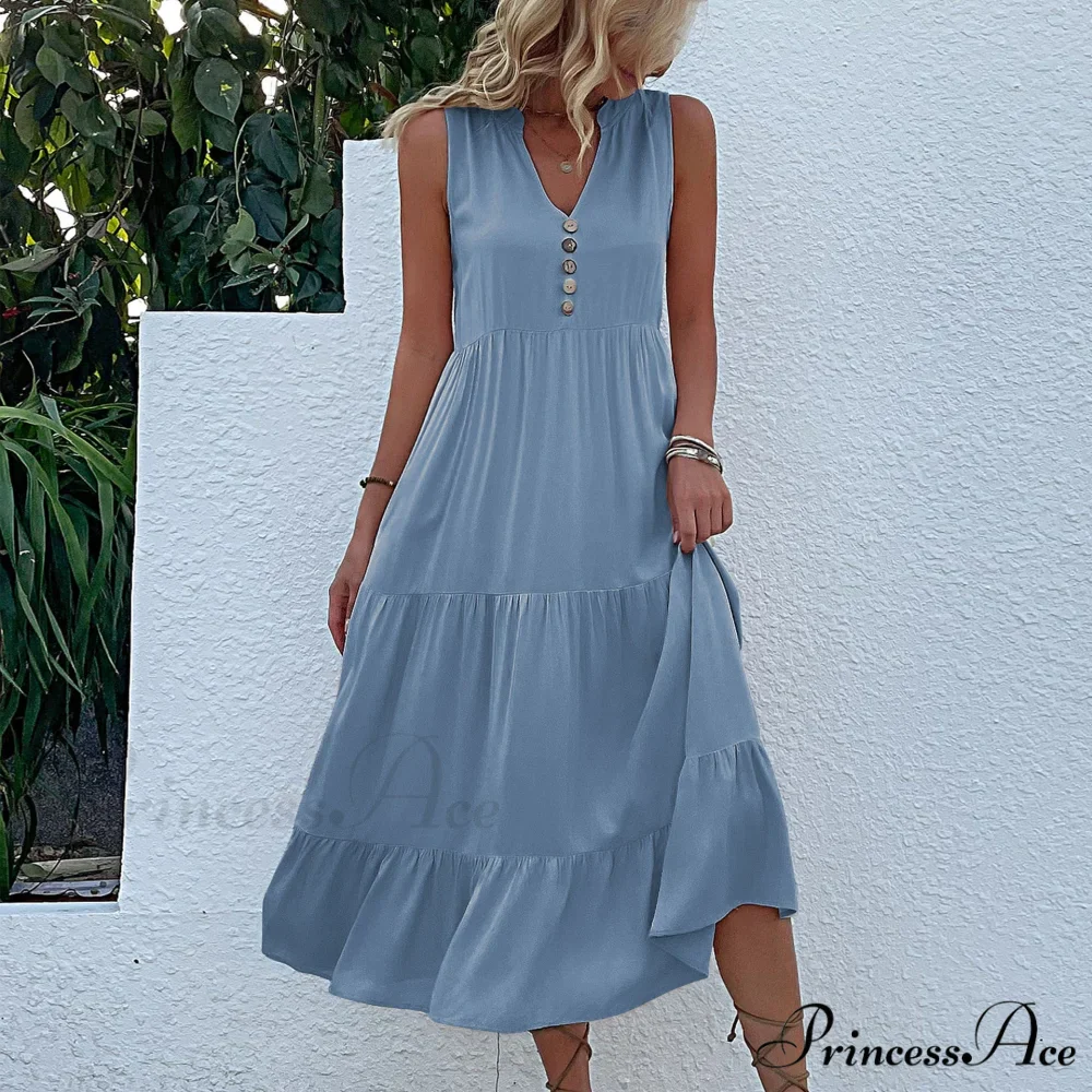 V Neck Button Layered Hem Smock Dress - Image 10
