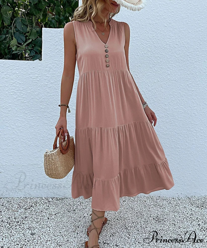 V Neck Button Layered Hem Smock Dress - Image 11