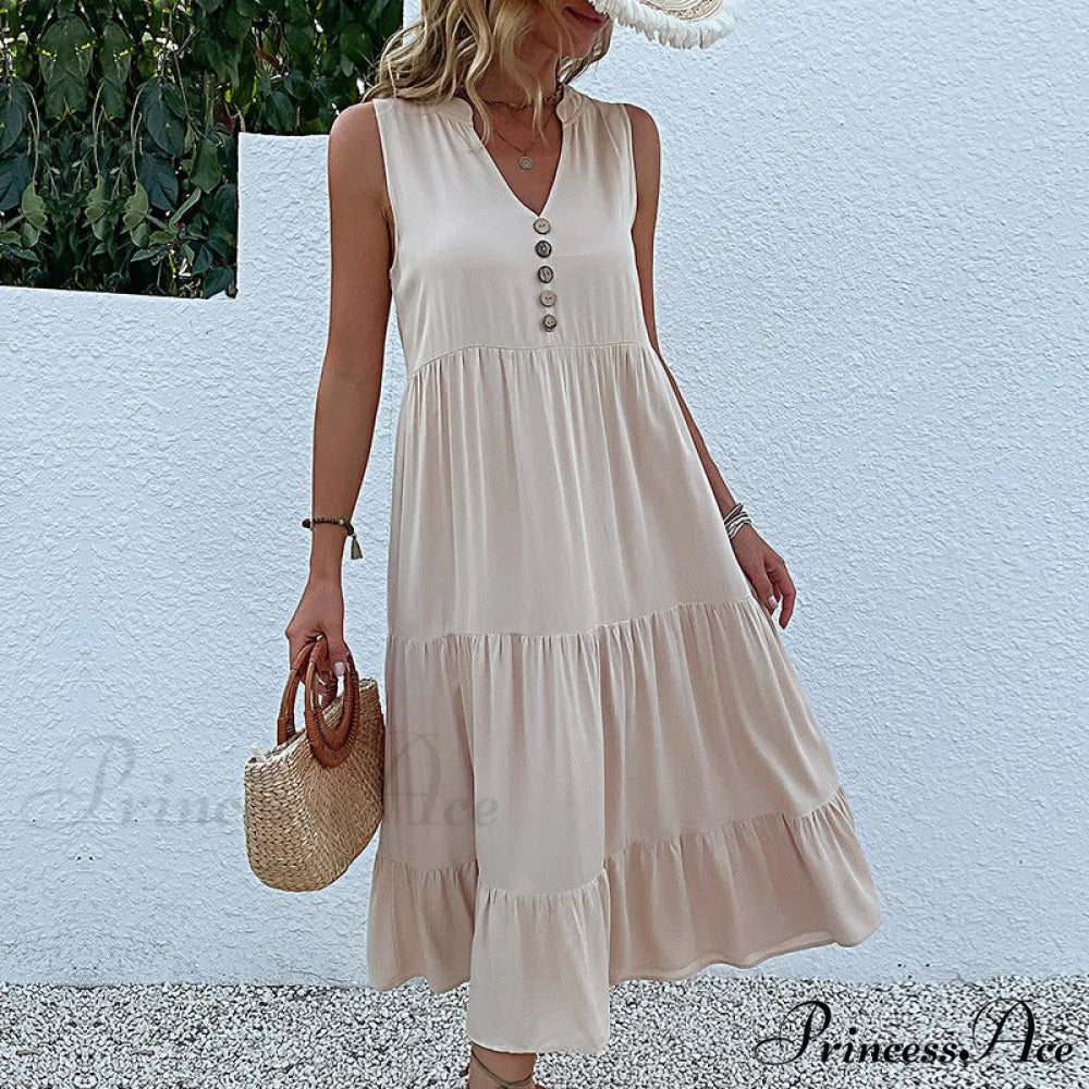 V Neck Button Layered Hem Smock Dress - Image 12