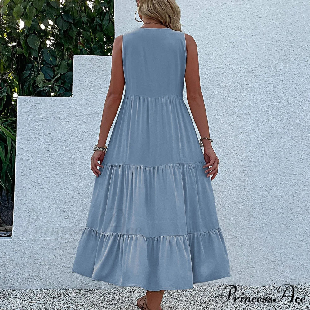 V Neck Button Layered Hem Smock Dress - Image 13