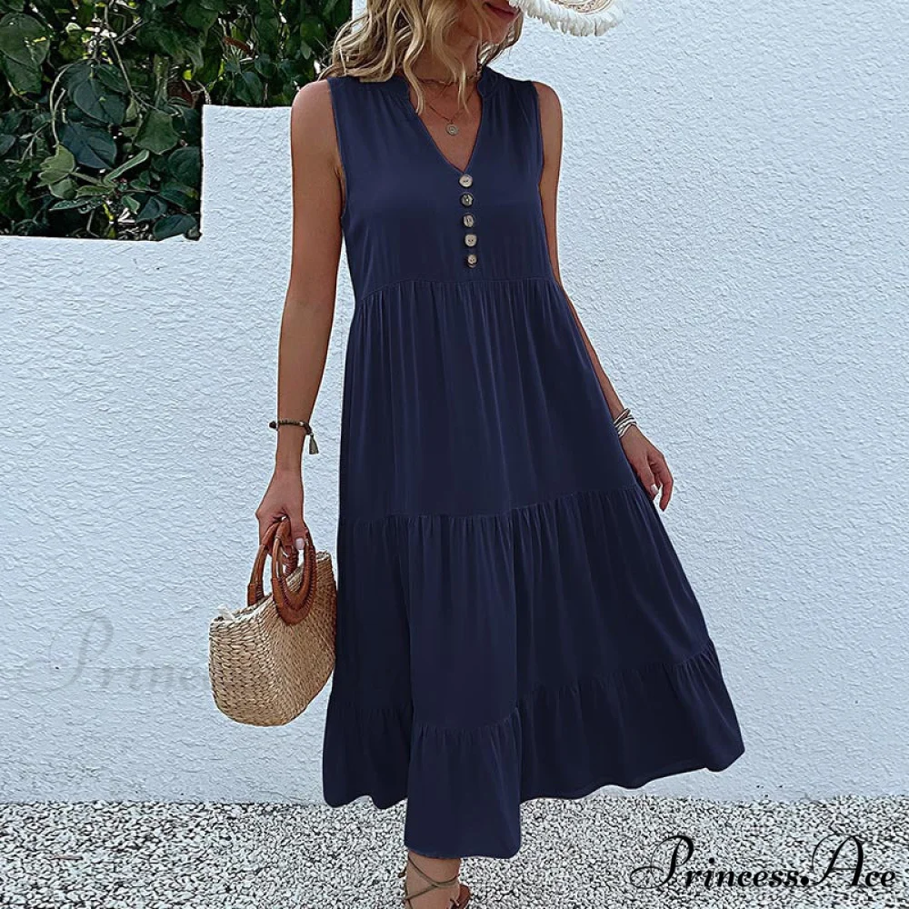 V Neck Button Layered Hem Smock Dress - Image 2