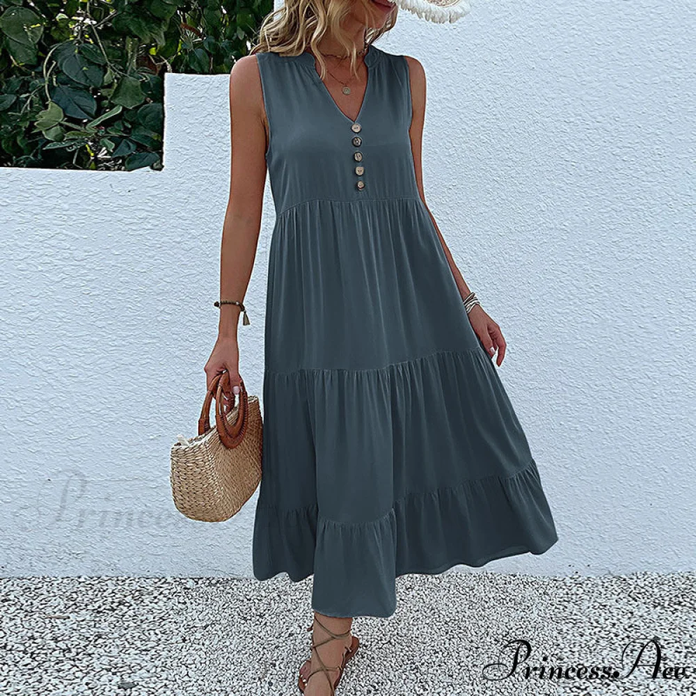 V Neck Button Layered Hem Smock Dress - Image 3