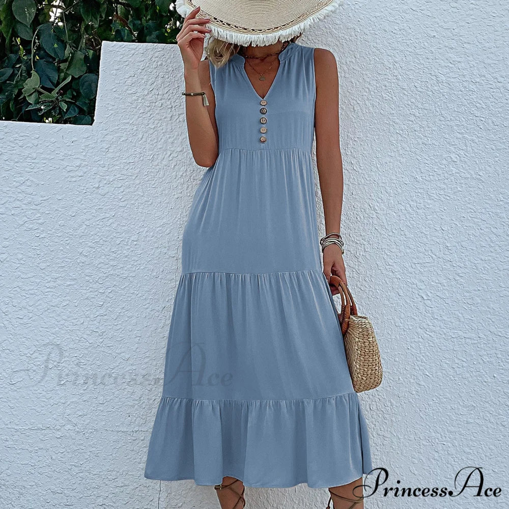 V Neck Button Layered Hem Smock Dress - Image 4