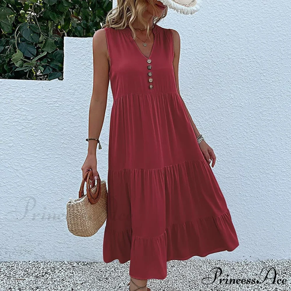 V Neck Button Layered Hem Smock Dress - Image 5