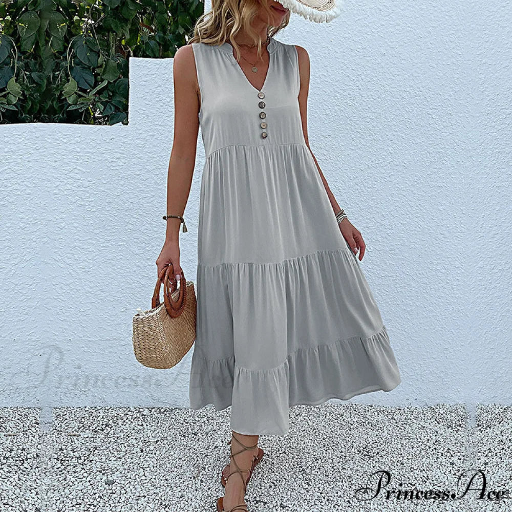 V Neck Button Layered Hem Smock Dress - Image 6