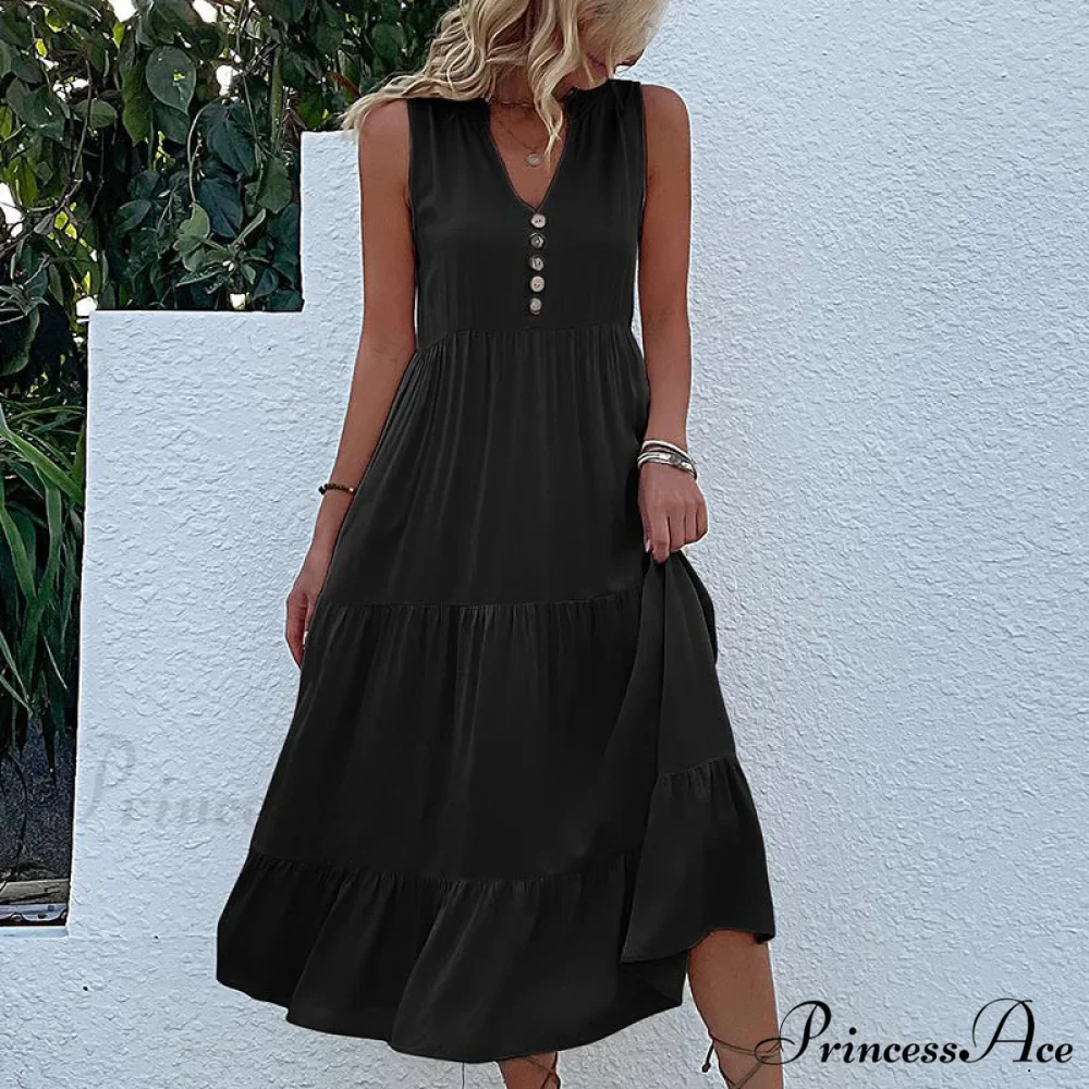 V Neck Button Layered Hem Smock Dress - Image 7